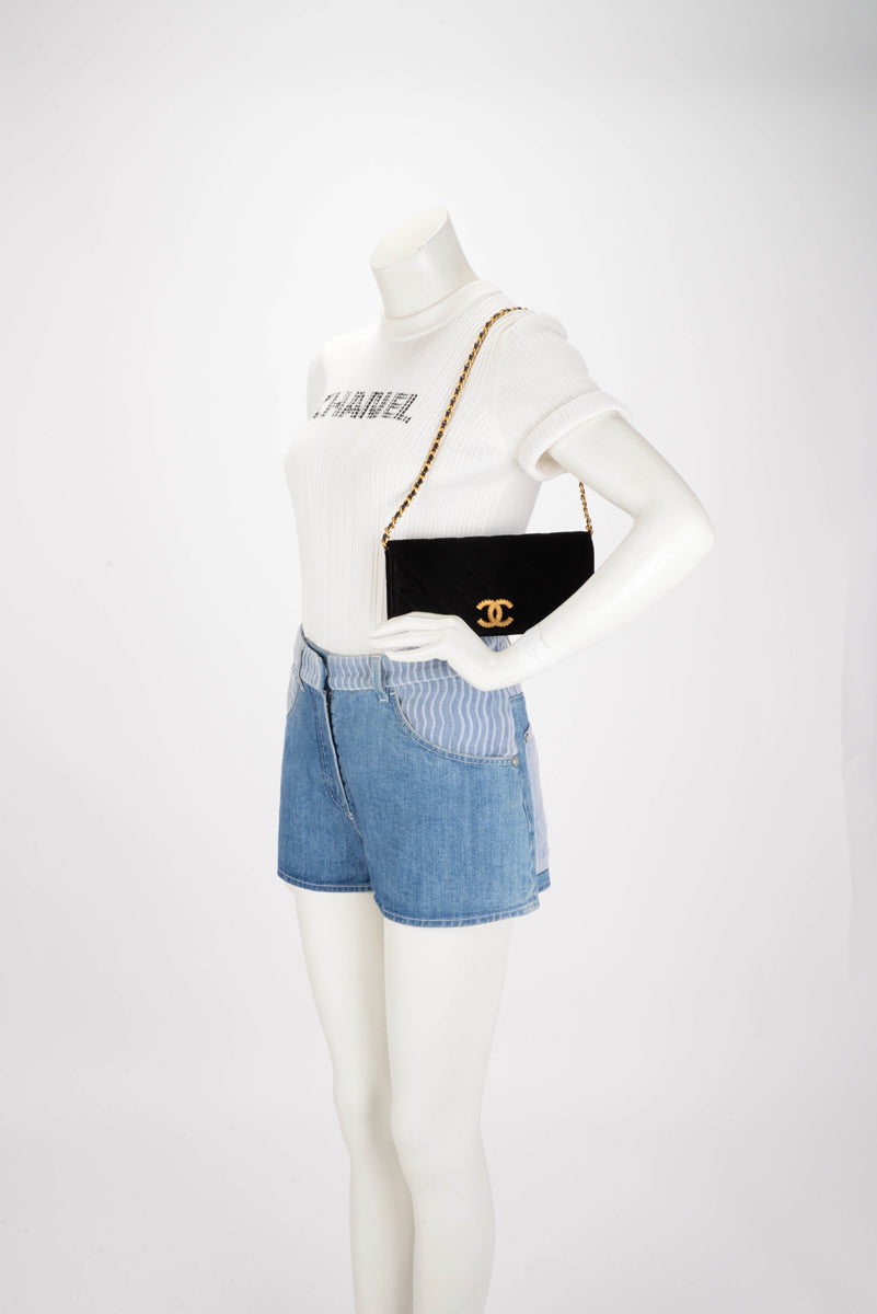 Chanel Black Velvet CC Clutch With Chain