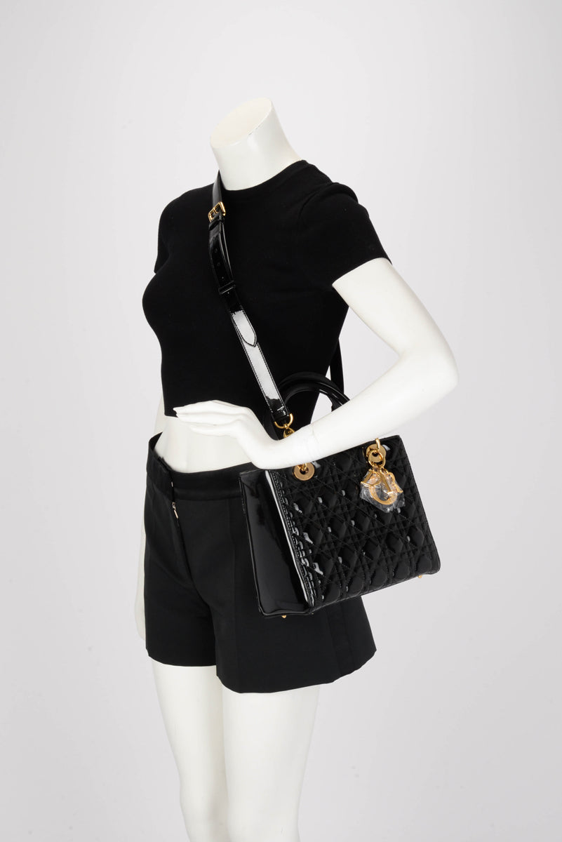 Dior Black Patent Cannage Medium Lady Dior Bag
