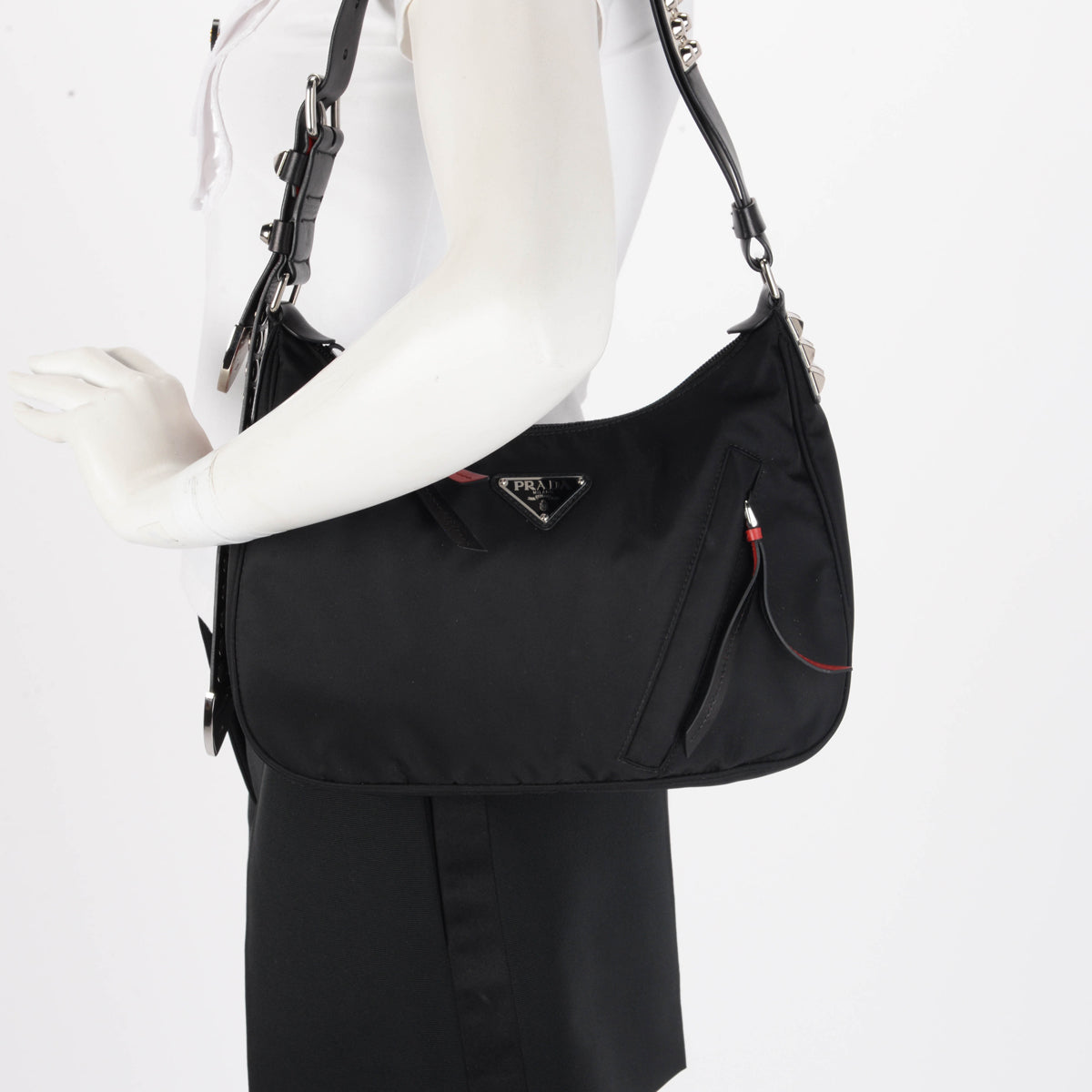 Prada Black Nylon Studded New Vela Hobo Bag