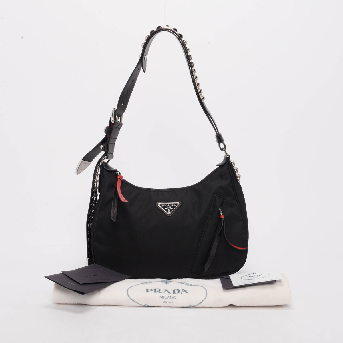 Prada Black Nylon Studded New Vela Hobo Bag