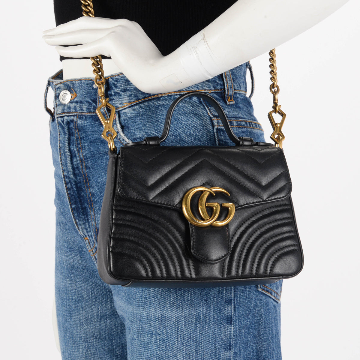 Gucci Black Matelasse GG Marmont Mini Top Handle Bag
