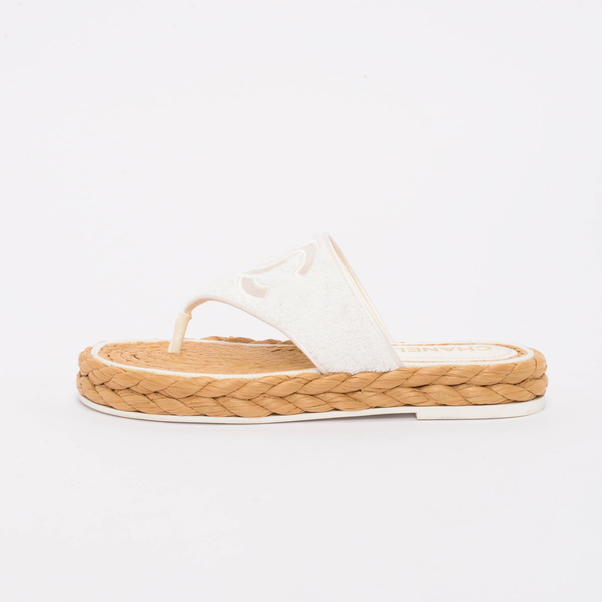 Chanel White Terry & Raffia CC Thong Sandals 38
