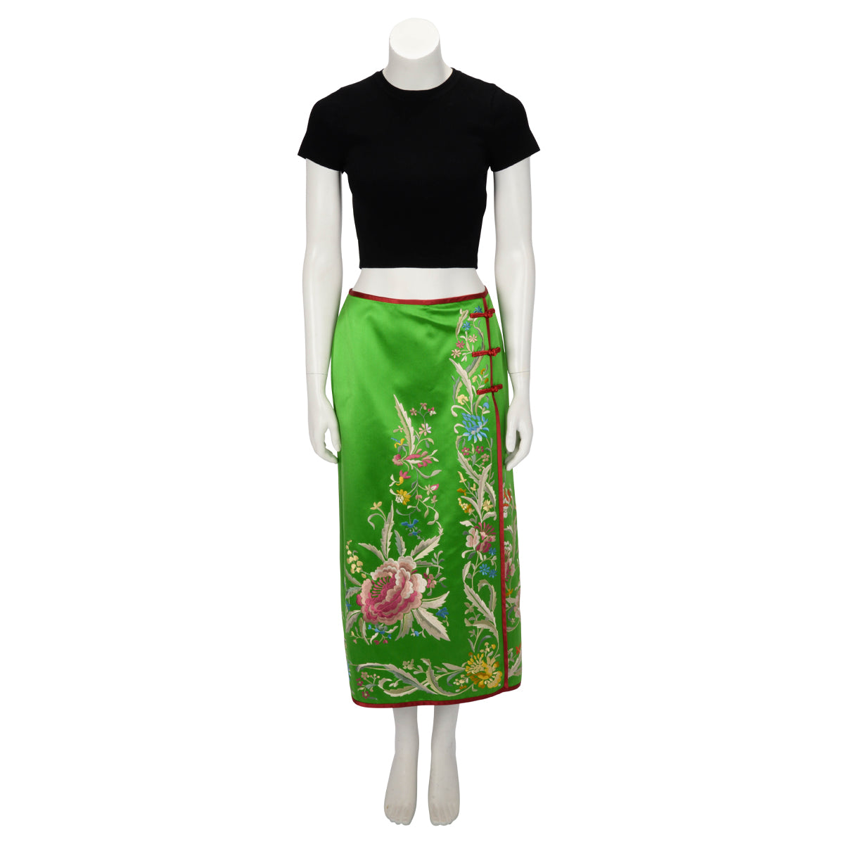 Gucci Green Silk Satin Floral Embroidered Skirt IT 44