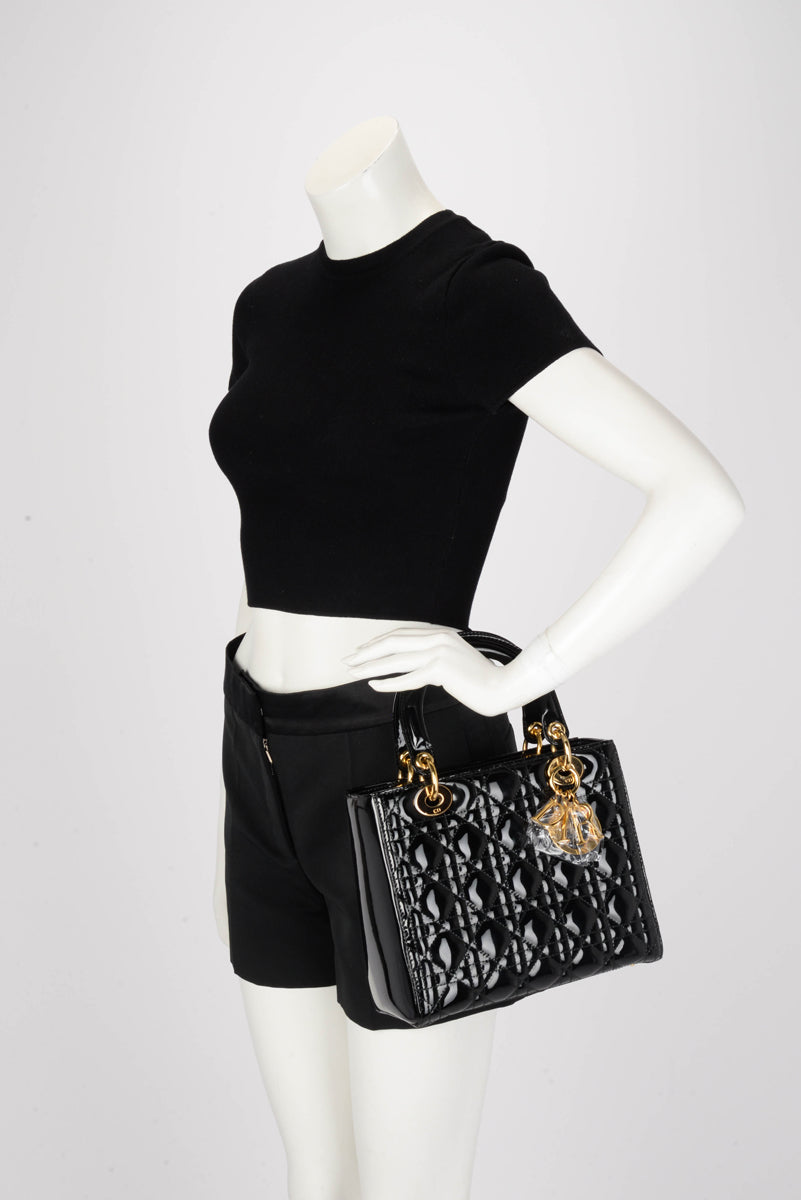 Dior Black Patent Cannage Medium Lady Dior Bag