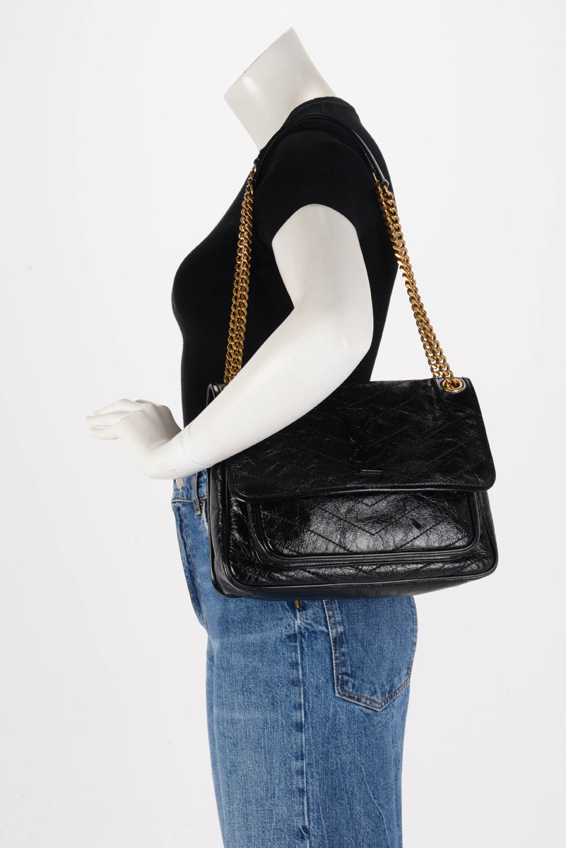 Saint Laurent Black Crinkled Calfskin Medium Niki Bag