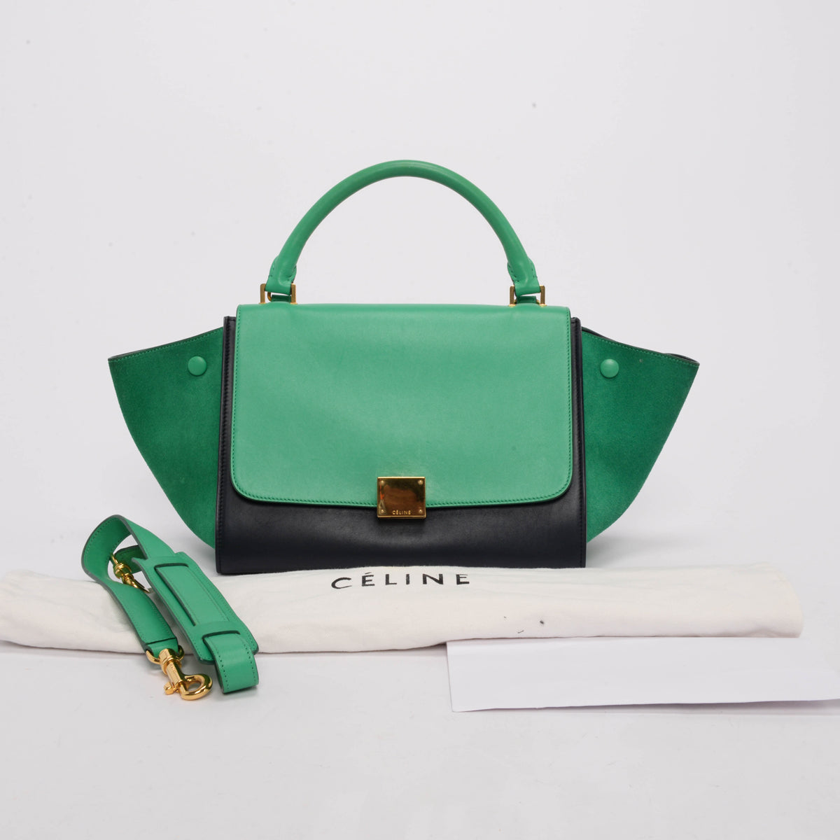 Celine Green & Navy Calf & Suede Small Trapeze Bag