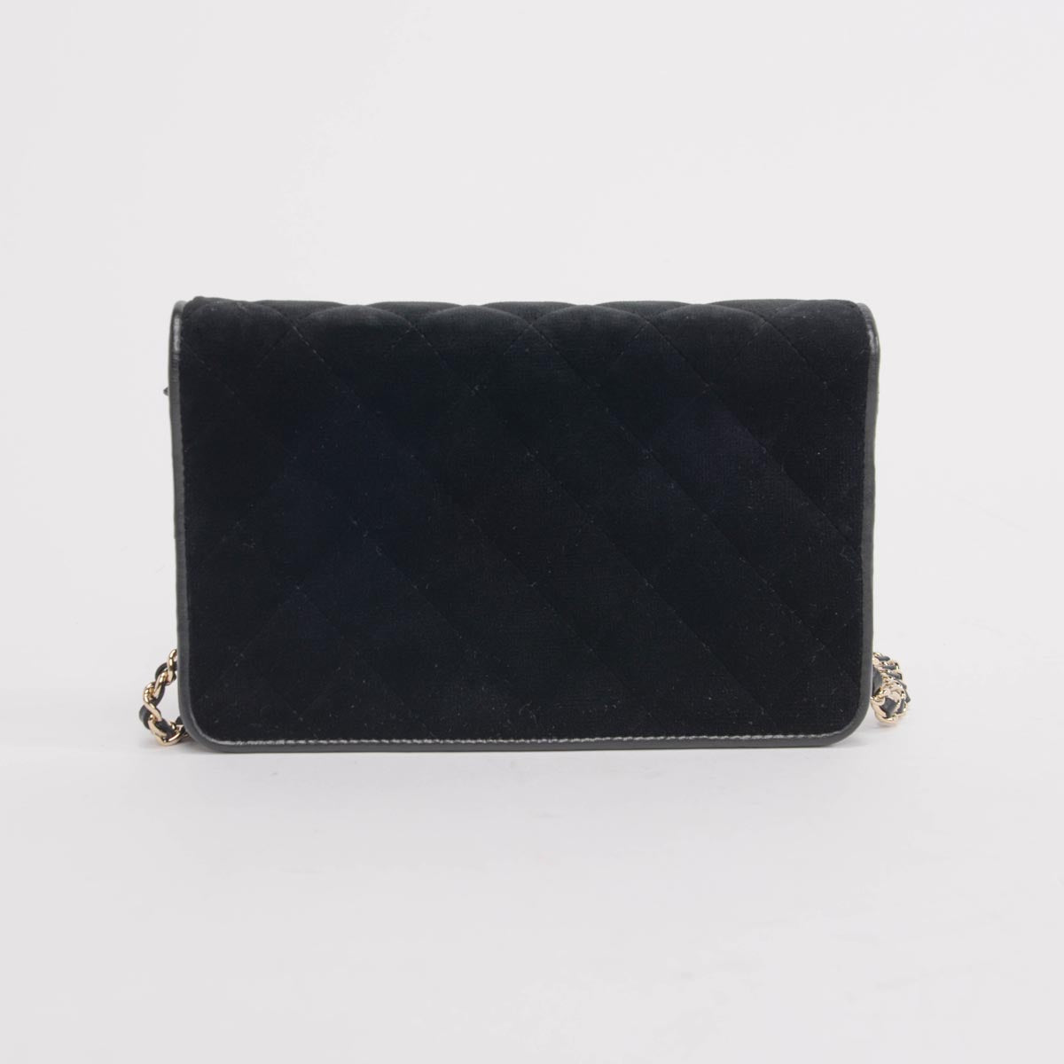 Chanel Black & Gold Velvet Camellia Wallet on Chain