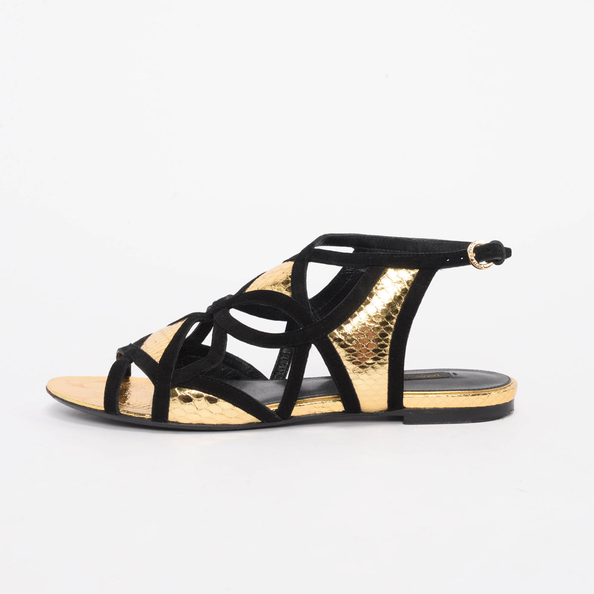 Louis Vuitton Gold & Black Snakeskin Strappy Sandals 37.5