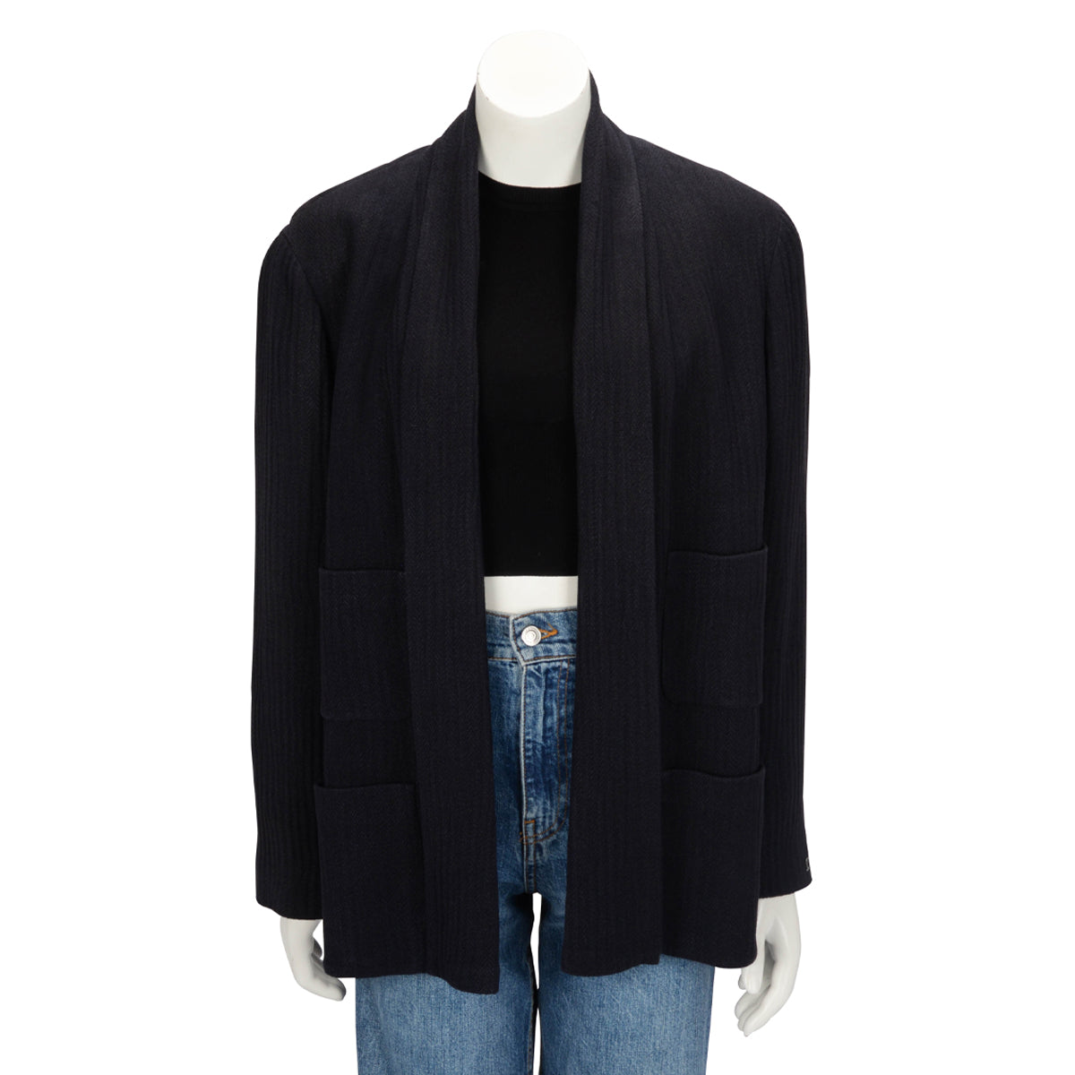 Chanel Navy Herringbone Four-Pocket Open Jacket FR 46