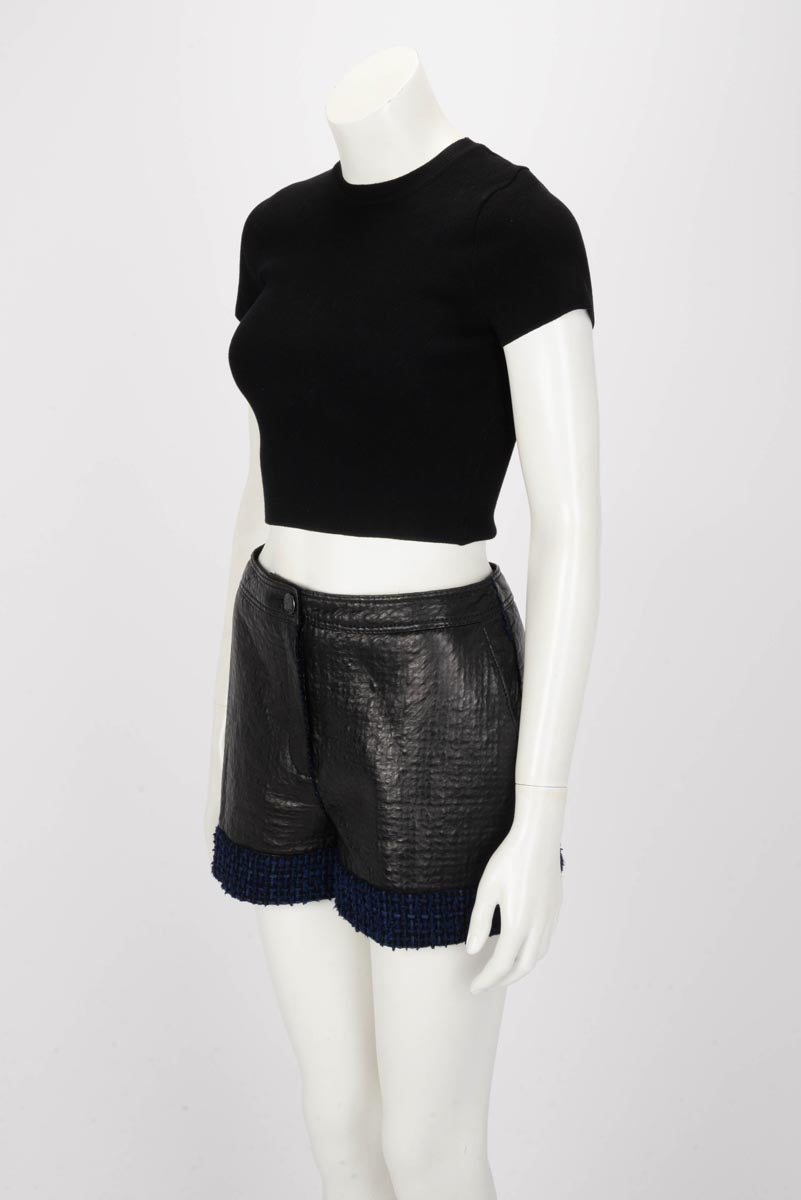 Chanel Black & Blue Leather Embossed Tweed Shorts FR 38