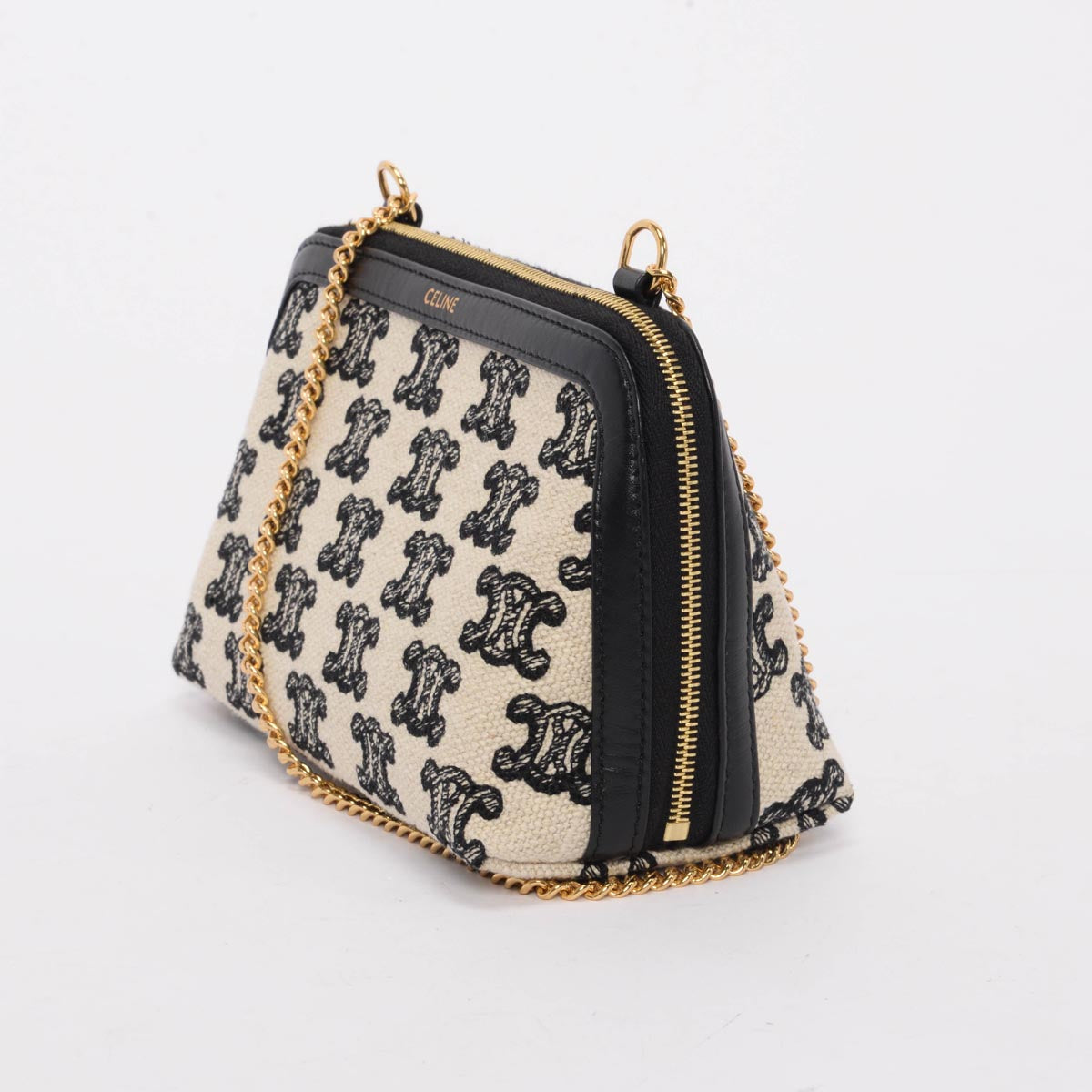 Celine Black Triomphe Canvas Chain Clutch