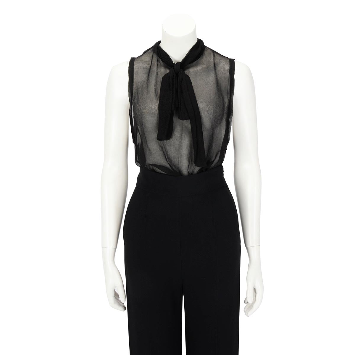 Balmain Black Silk Chiffon Sleeveless Pussy Bow Blouse FR 42