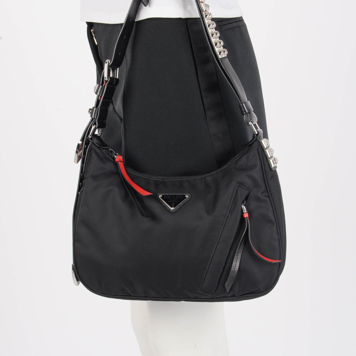 Prada Black Nylon Studded New Vela Hobo Bag