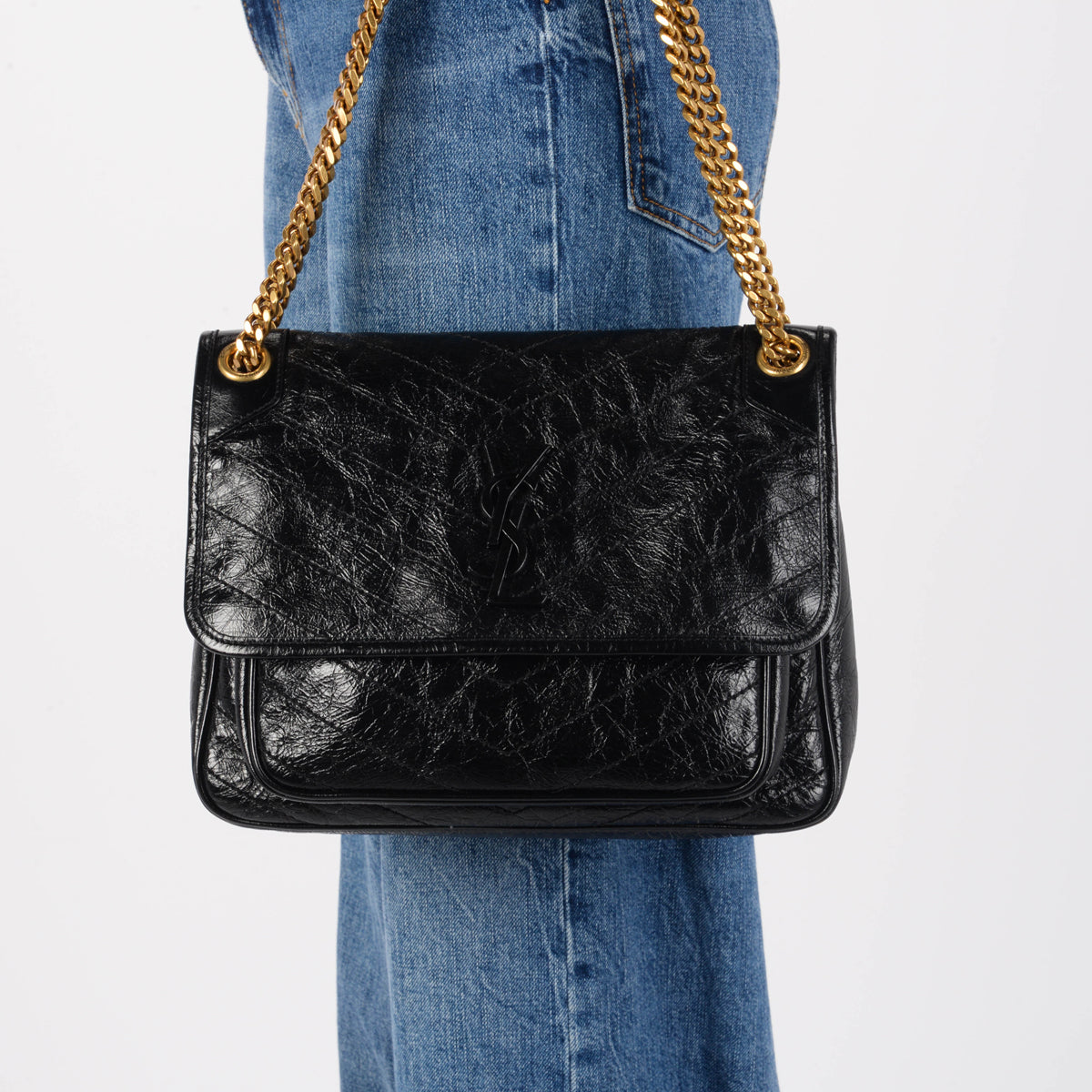 Saint Laurent Black Crinkled Calfskin Medium Niki Bag