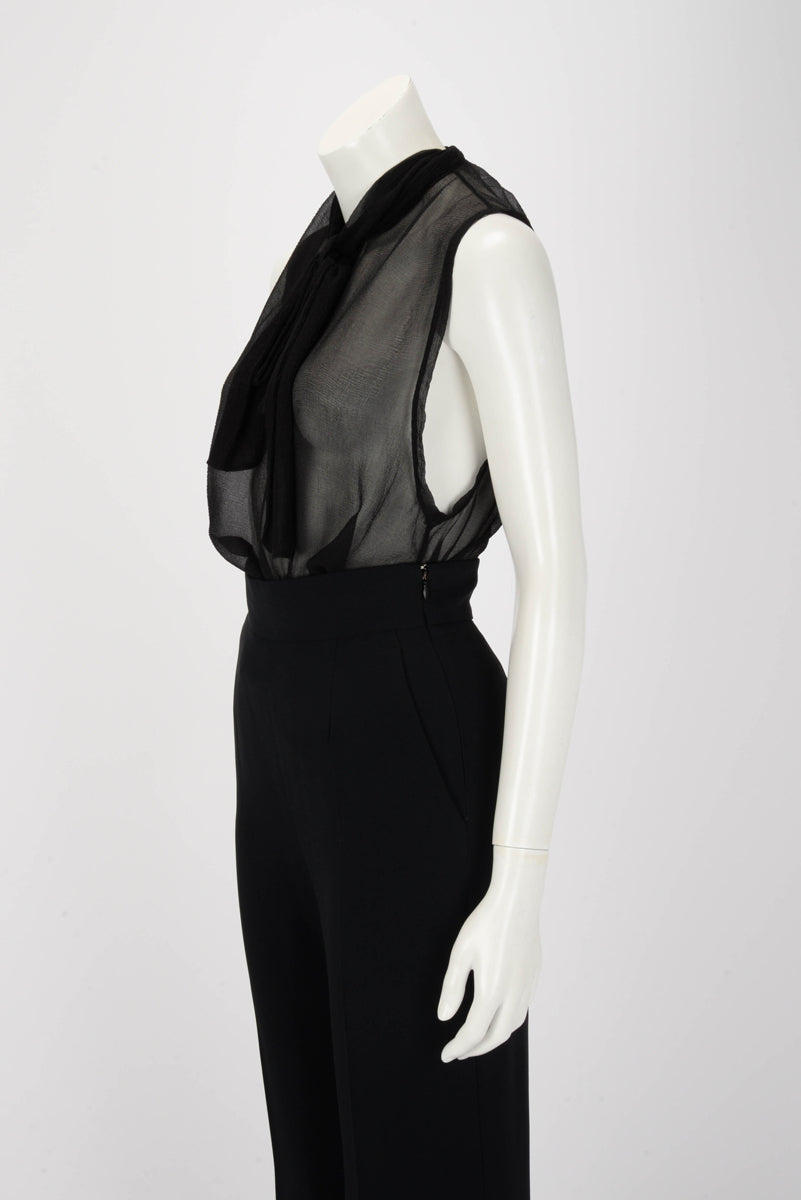 Balmain Black Silk Chiffon Sleeveless Pussy Bow Blouse FR 42