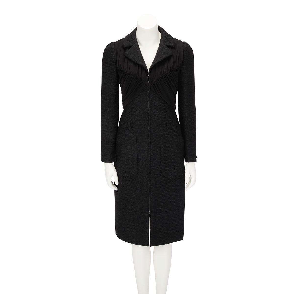 Chanel Black Lurex Boucle Ruched Bodice Dress FR 38