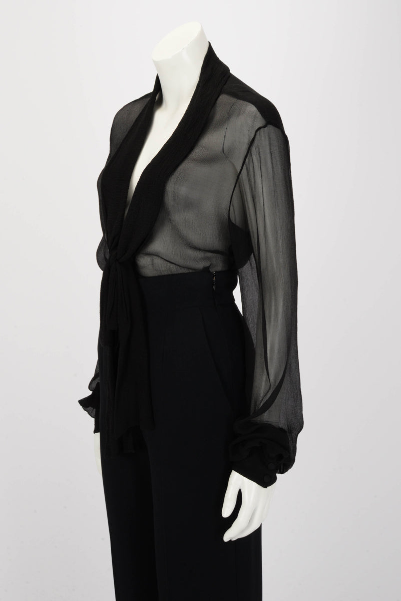 Balmain Black Silk Chiffon Pussy Bow Blouse FR 40