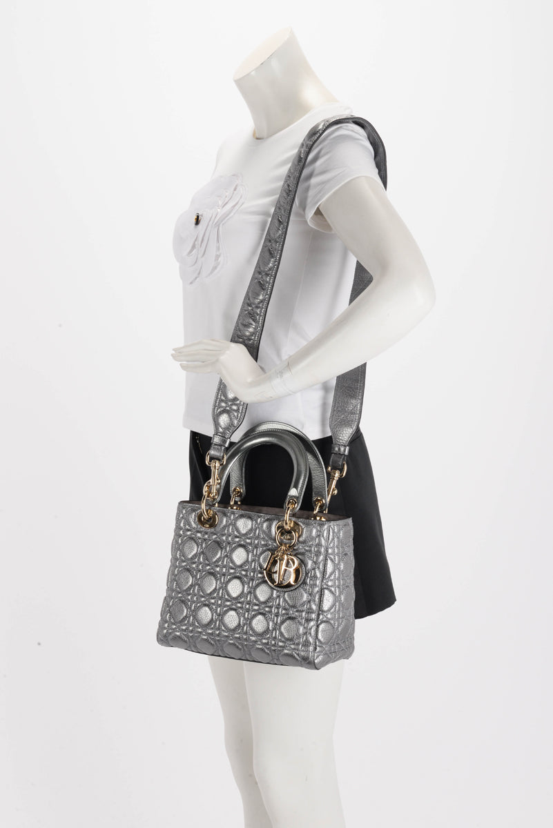 Dior Silver Cannage Calfskin Medium Supple Lady Dior