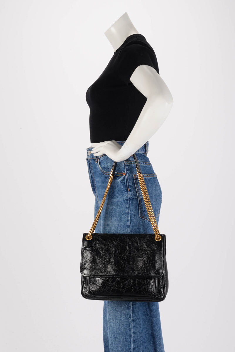 Saint Laurent Black Crinkled Calfskin Medium Niki Bag
