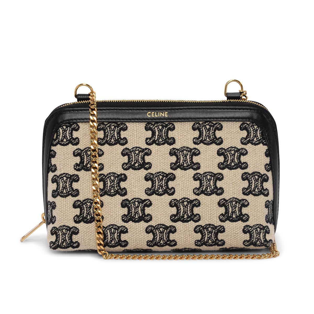 Celine Black Triomphe Canvas Chain Clutch