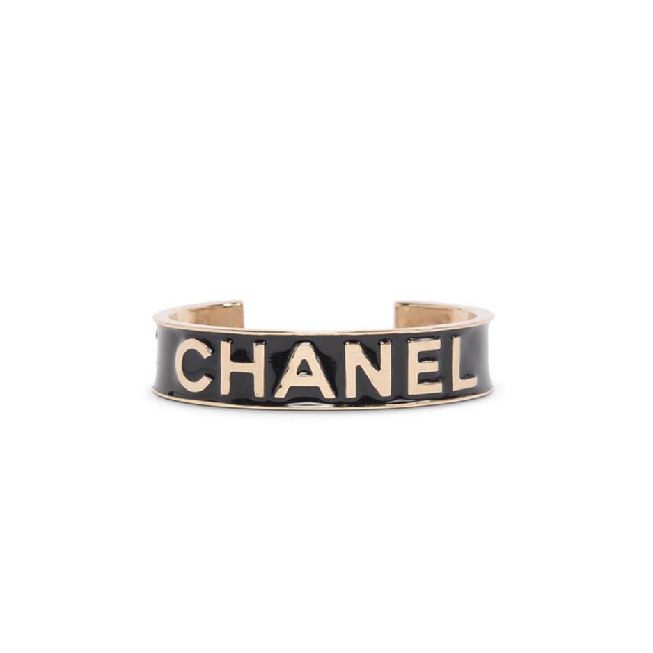 Chanel Light Gold & Black Enamel Logo Cuff Bracelet