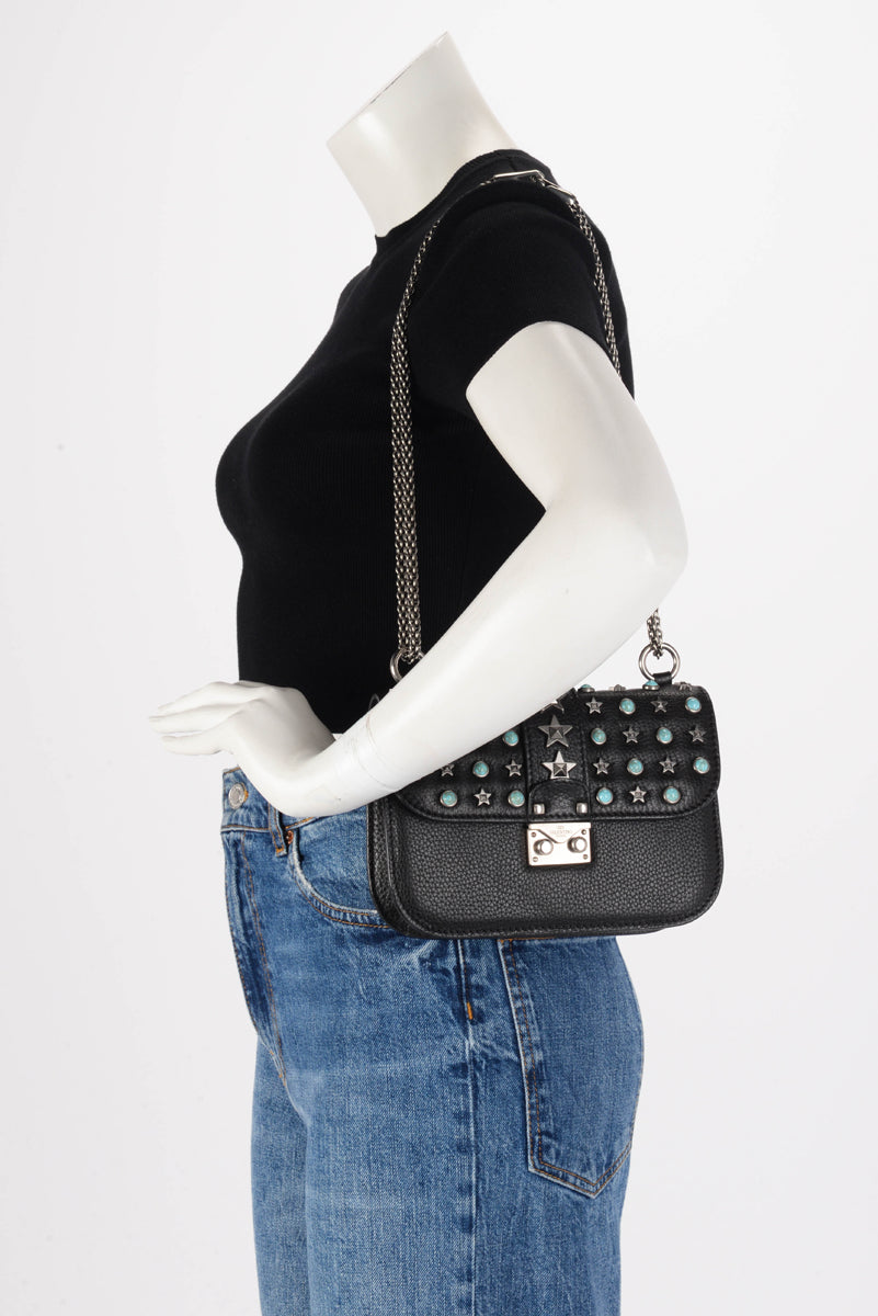 Valentino Black Star Studded Lock Flap Shoulder Bag