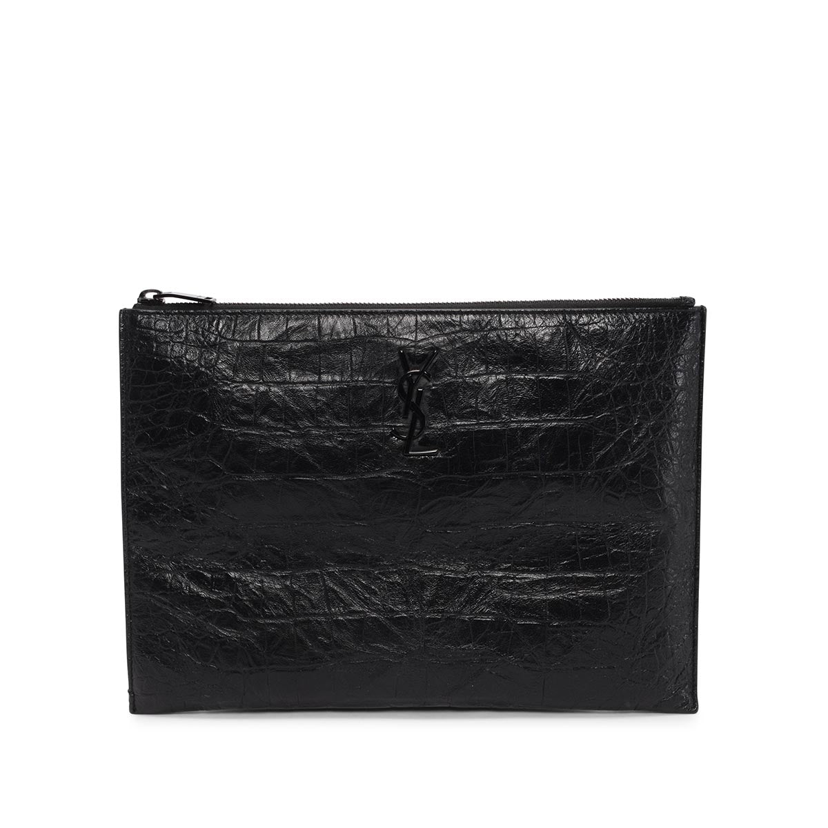 Saint Laurent Black Croc Embossed Cassandre Tablet Pouch