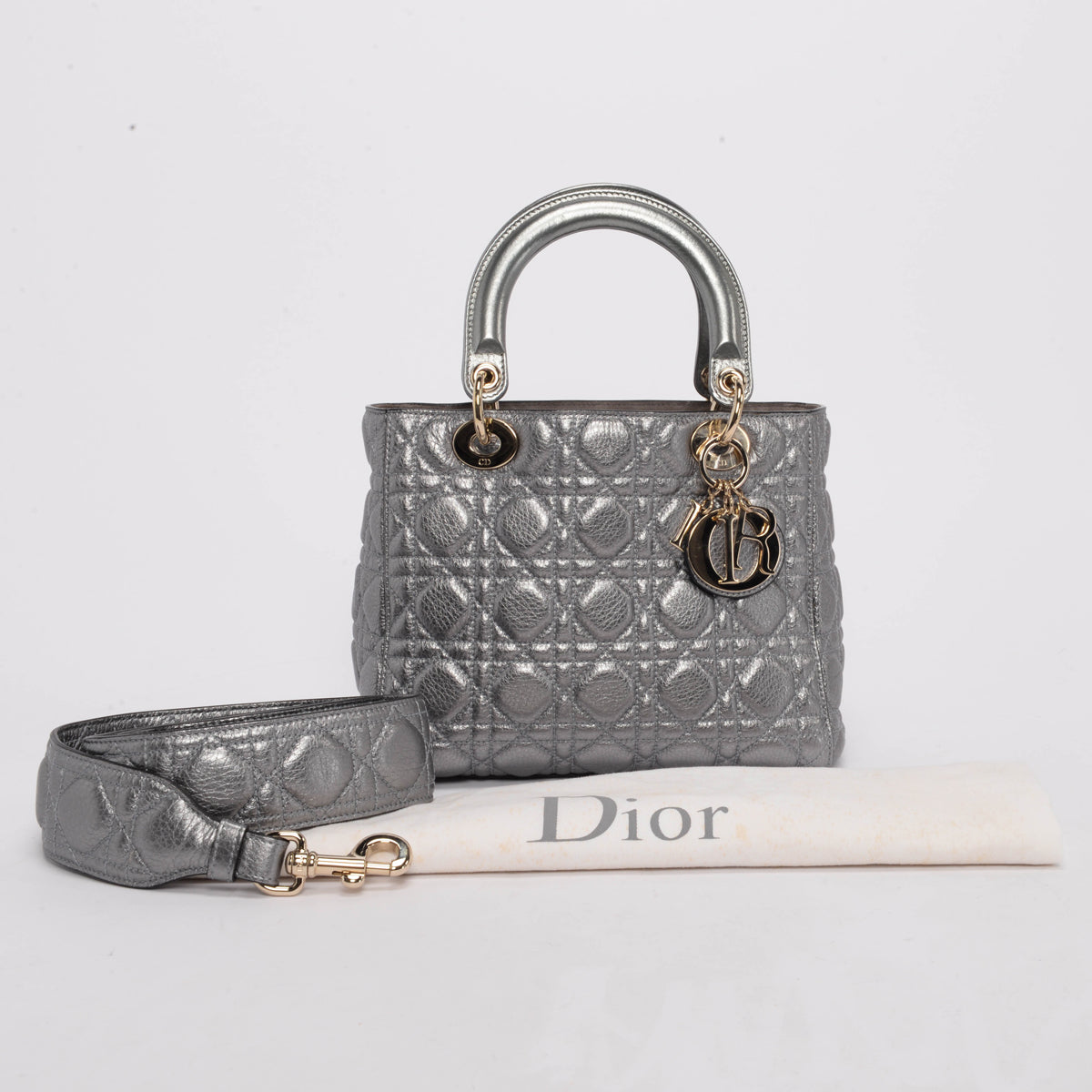 Dior Silver Cannage Calfskin Medium Supple Lady Dior