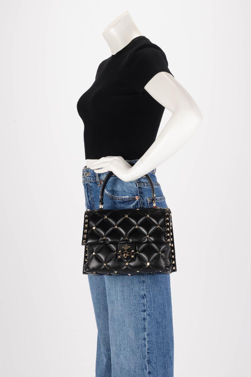 Valentino Black Lambskin Candystud Top Handle Bag