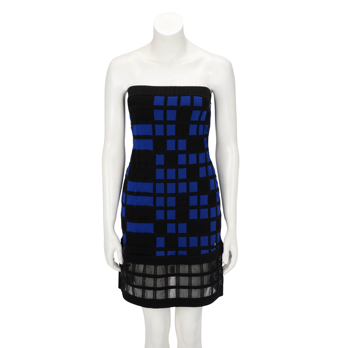 Chanel Black & Blue Check Intarsia Strapless Dress FR 38